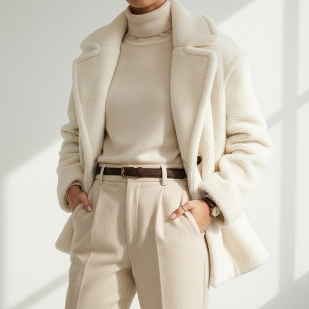 HOUSE OF HARLOW 1960 Sherpa Teddy‎ Pea Coat In Ivory Cream
